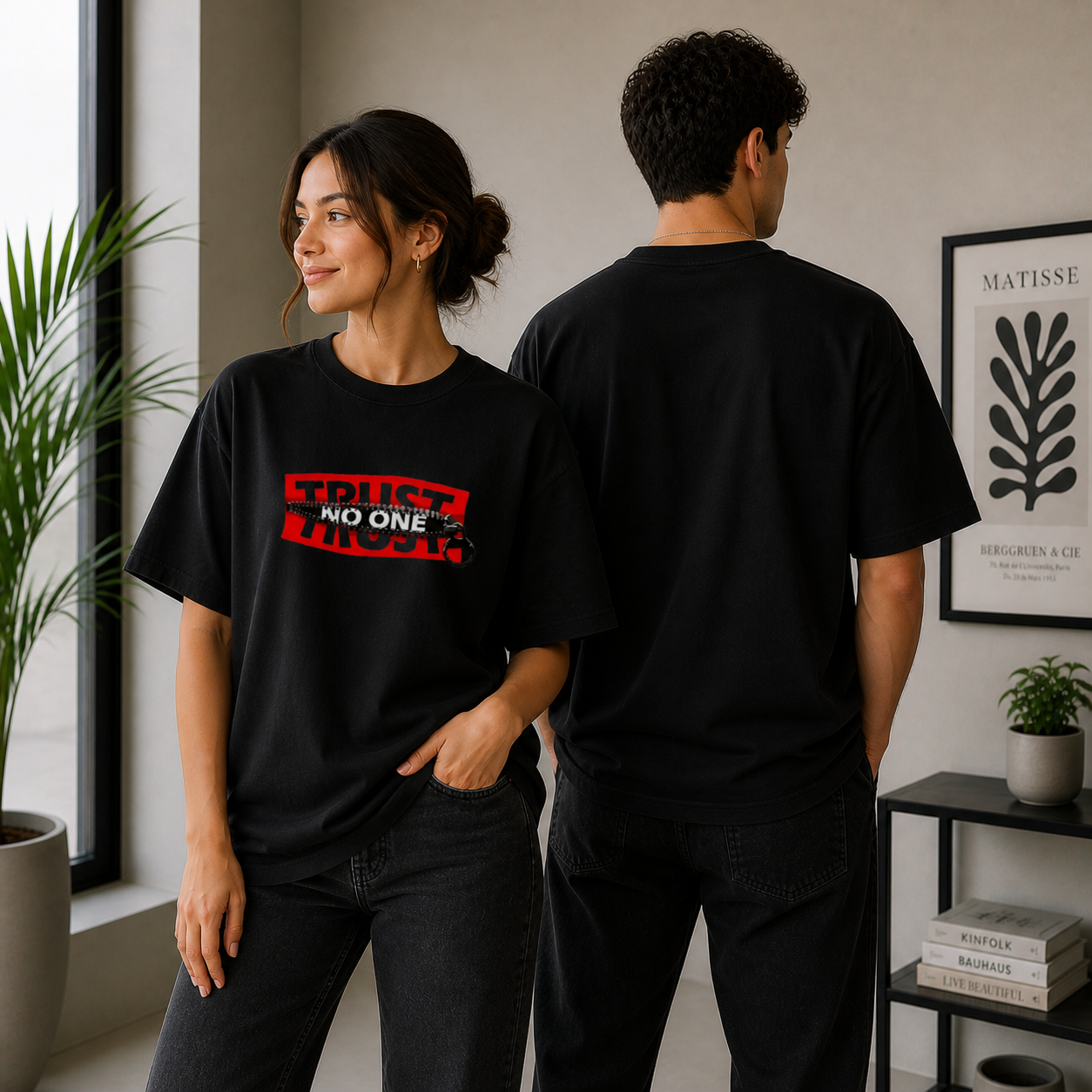 Trust No One Typography Unisex Oversized Black T-Shirt