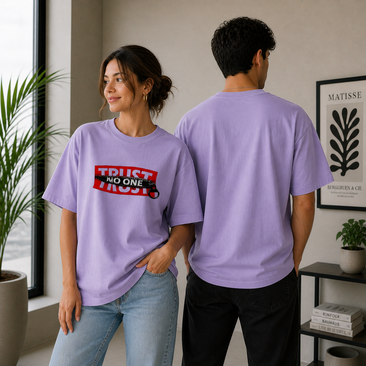 Trust No One Typography Unisex Oversized Lavender T-Shirt