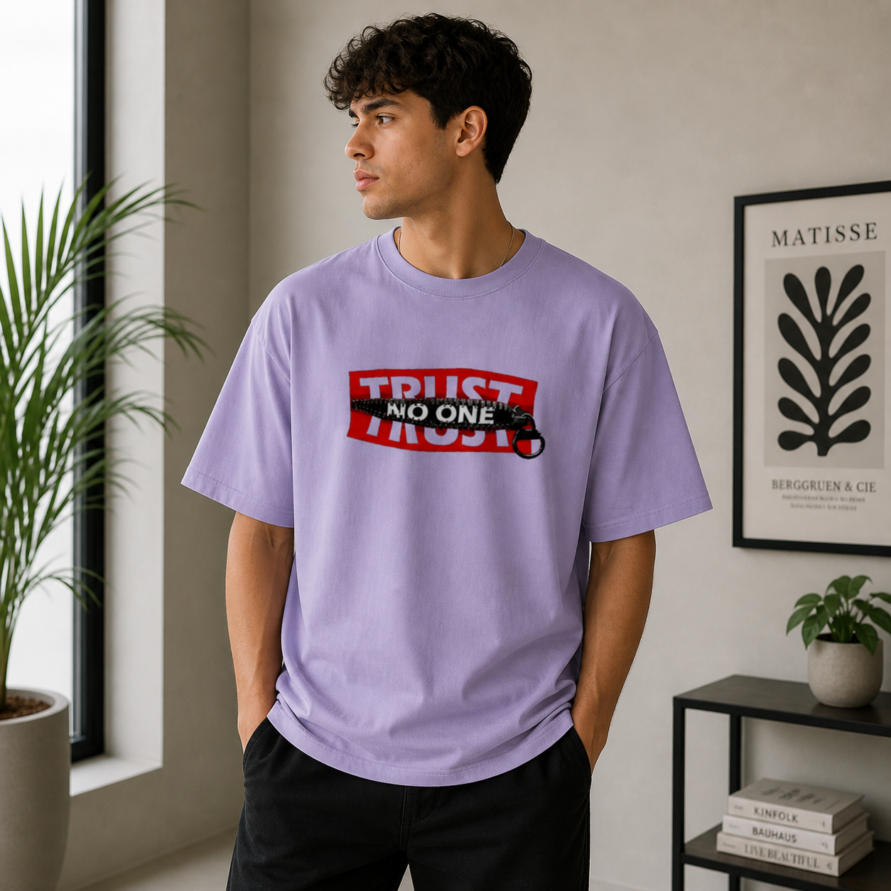 Trust No One Typography Unisex Oversized Lavender T-Shirt