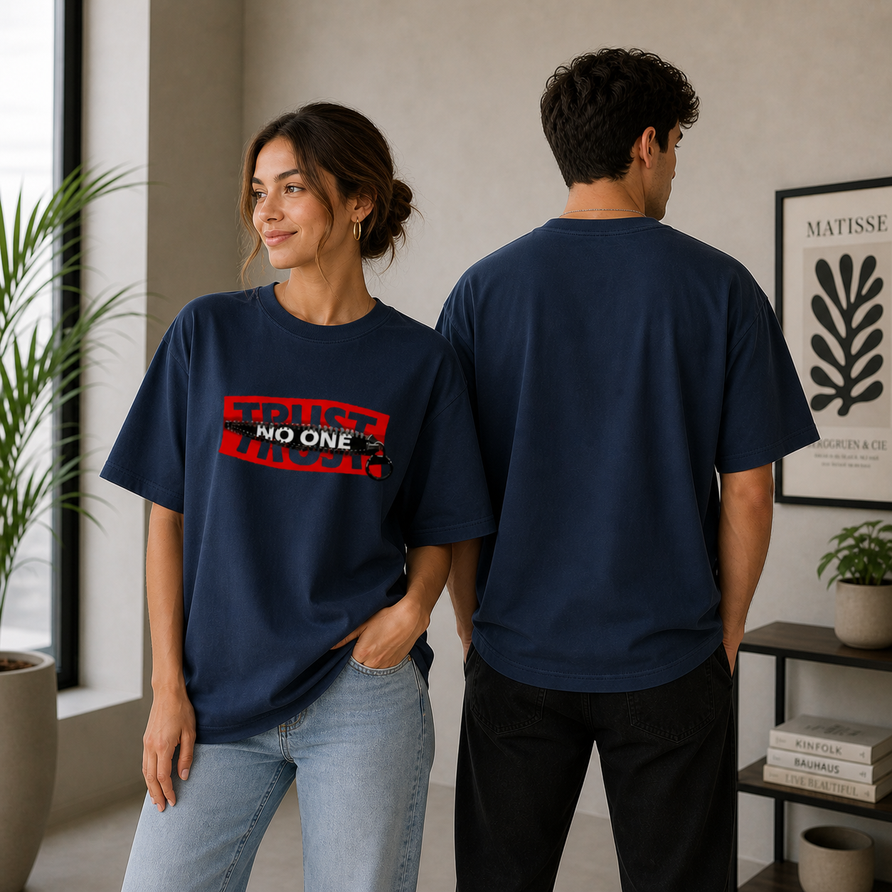 Trust No One Typography Unisex Oversized Navy Blue T-Shirt