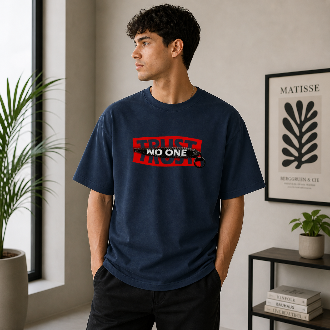 Trust No One Typography Unisex Oversized Navy Blue T-Shirt