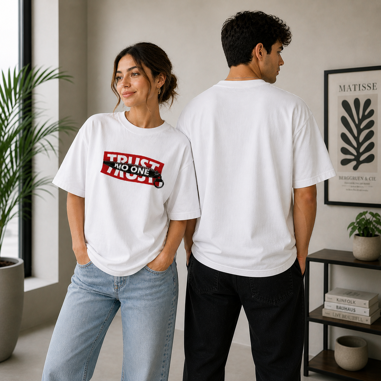 Trust No One Typography Unisex Oversized White T-Shirt