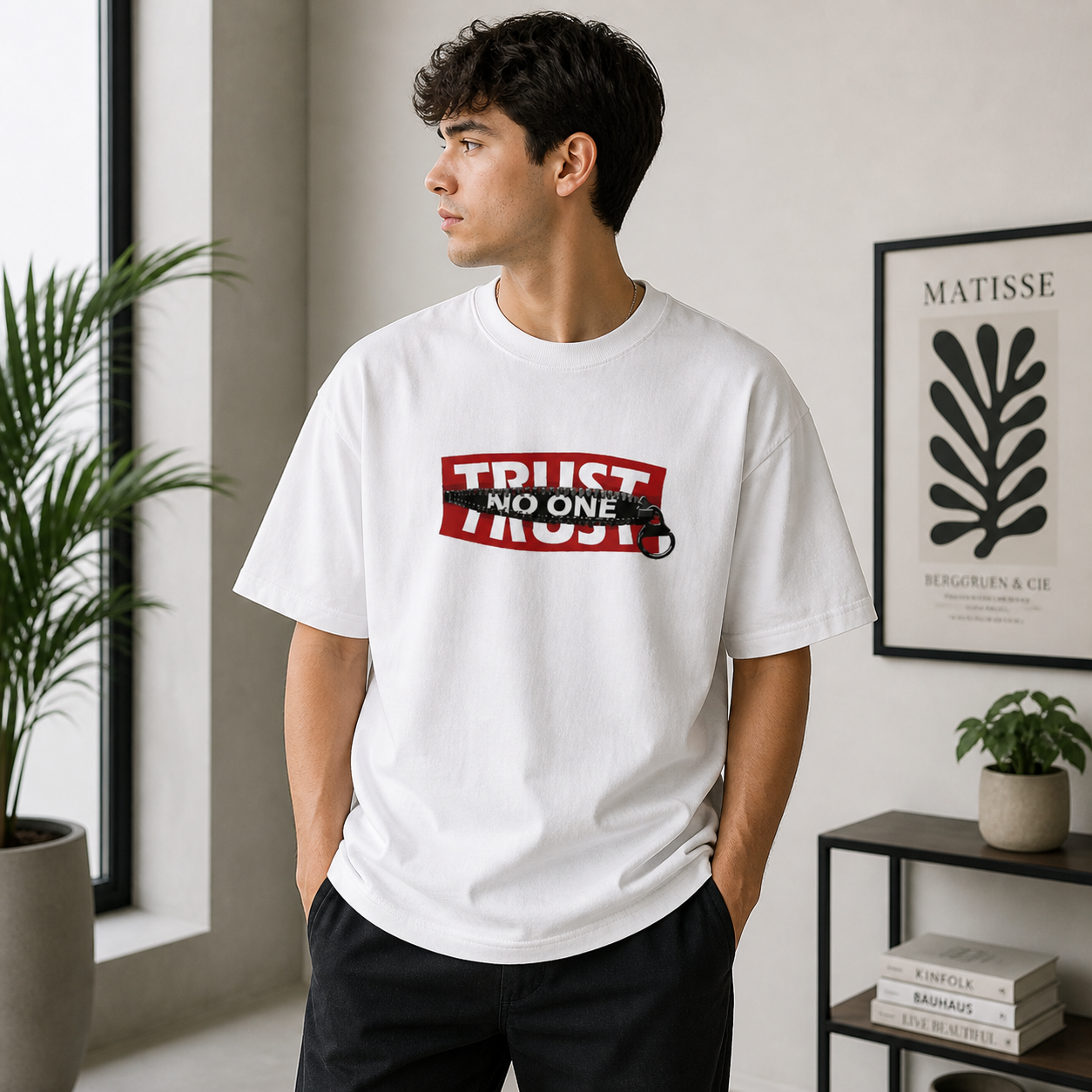 Trust No One Typography Unisex Oversized White T-Shirt