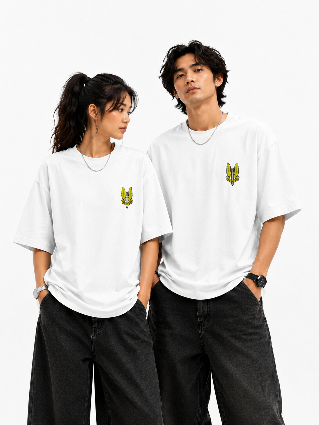 Two people wearing white t-shirts with a yellow balidan logo on a white background