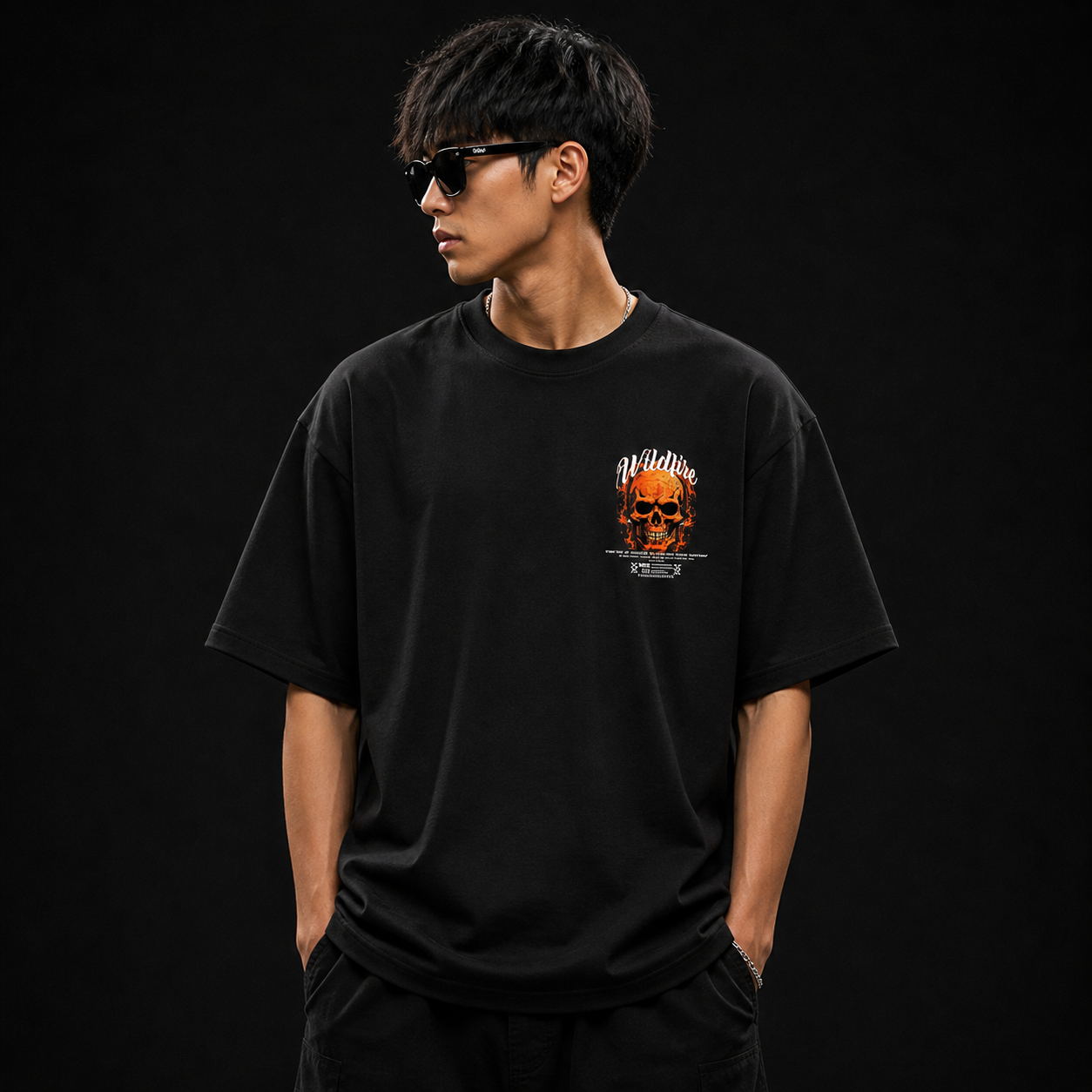 Wildfire Flame Skull Cotton Oversized Black Streetwear T-Shirt