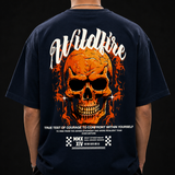 Wildfire Flame Skull Cotton Oversized Navy Blue Streetwear T-Shirt