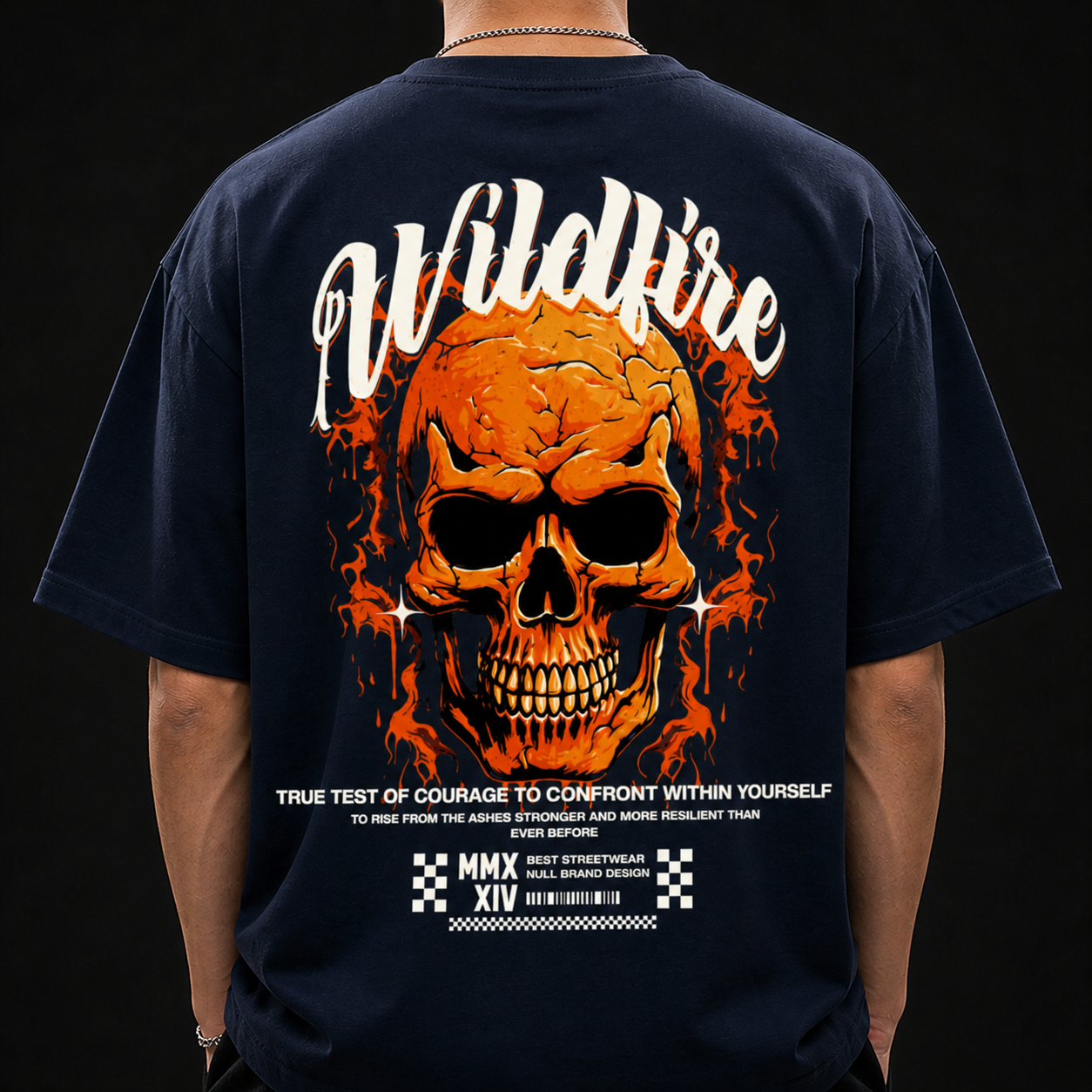 Wildfire Flame Skull Cotton Oversized Navy Blue Streetwear T-Shirt