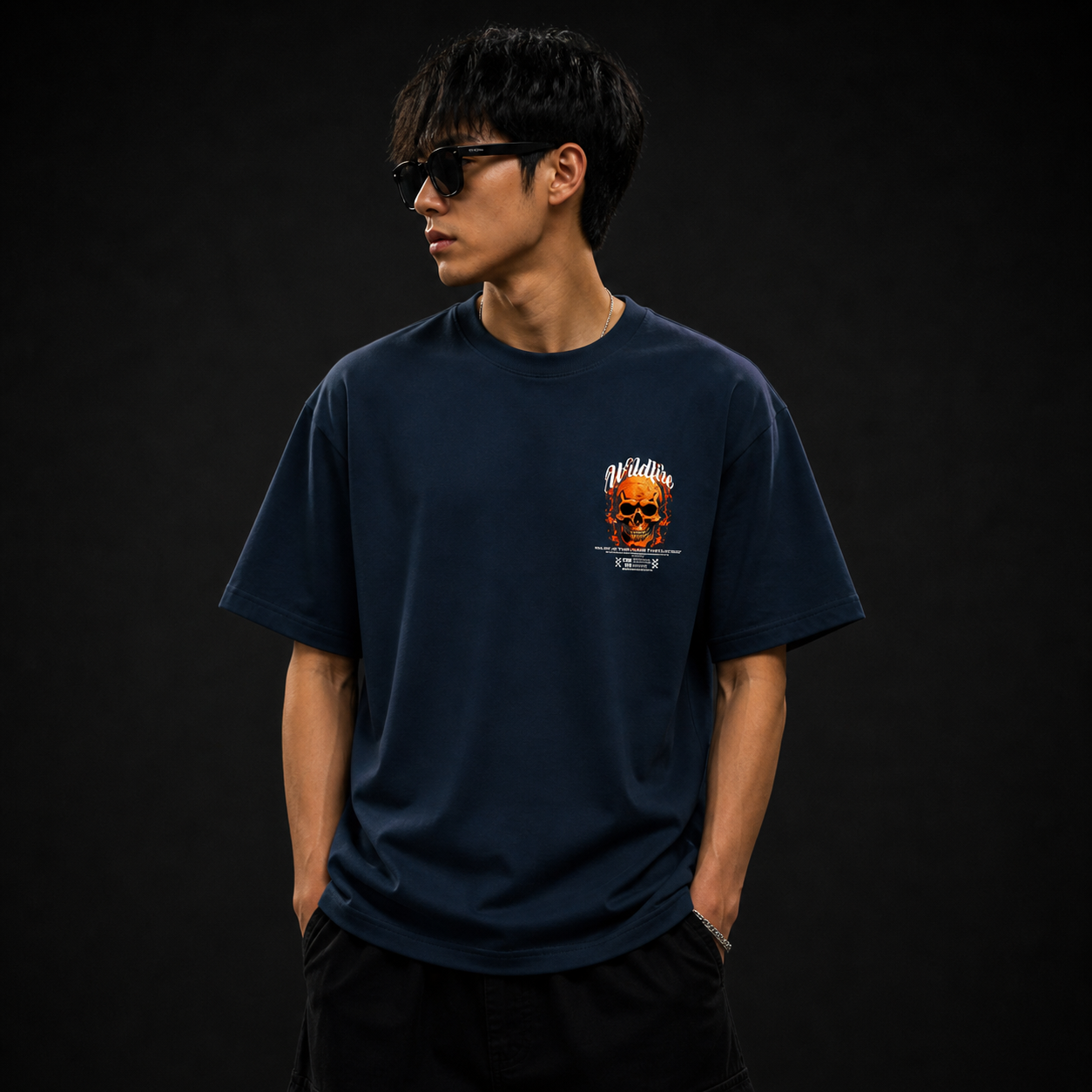 Wildfire Flame Skull Cotton Oversized Navy Blue Streetwear T-Shirt