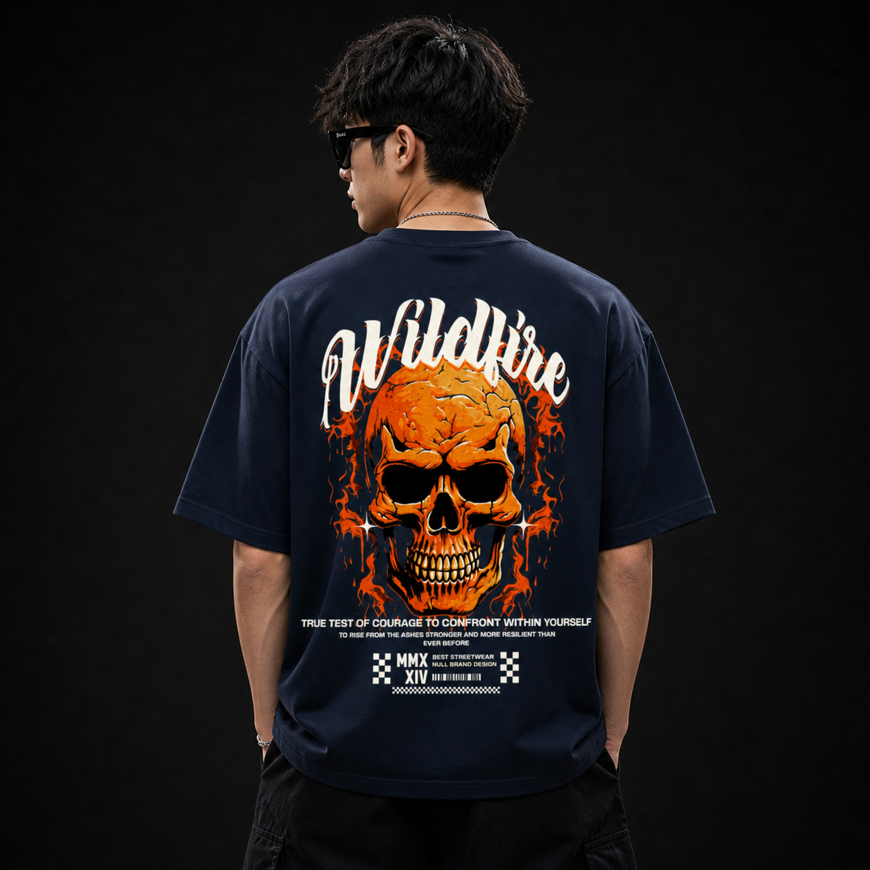 Wildfire Flame Skull Cotton Oversized Navy Blue Streetwear T-Shirt