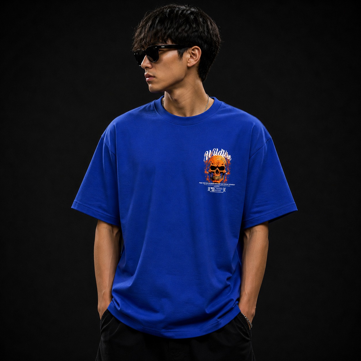 Wildfire Flame Skull Cotton Oversized Royal Blue Streetwear T-Shirt