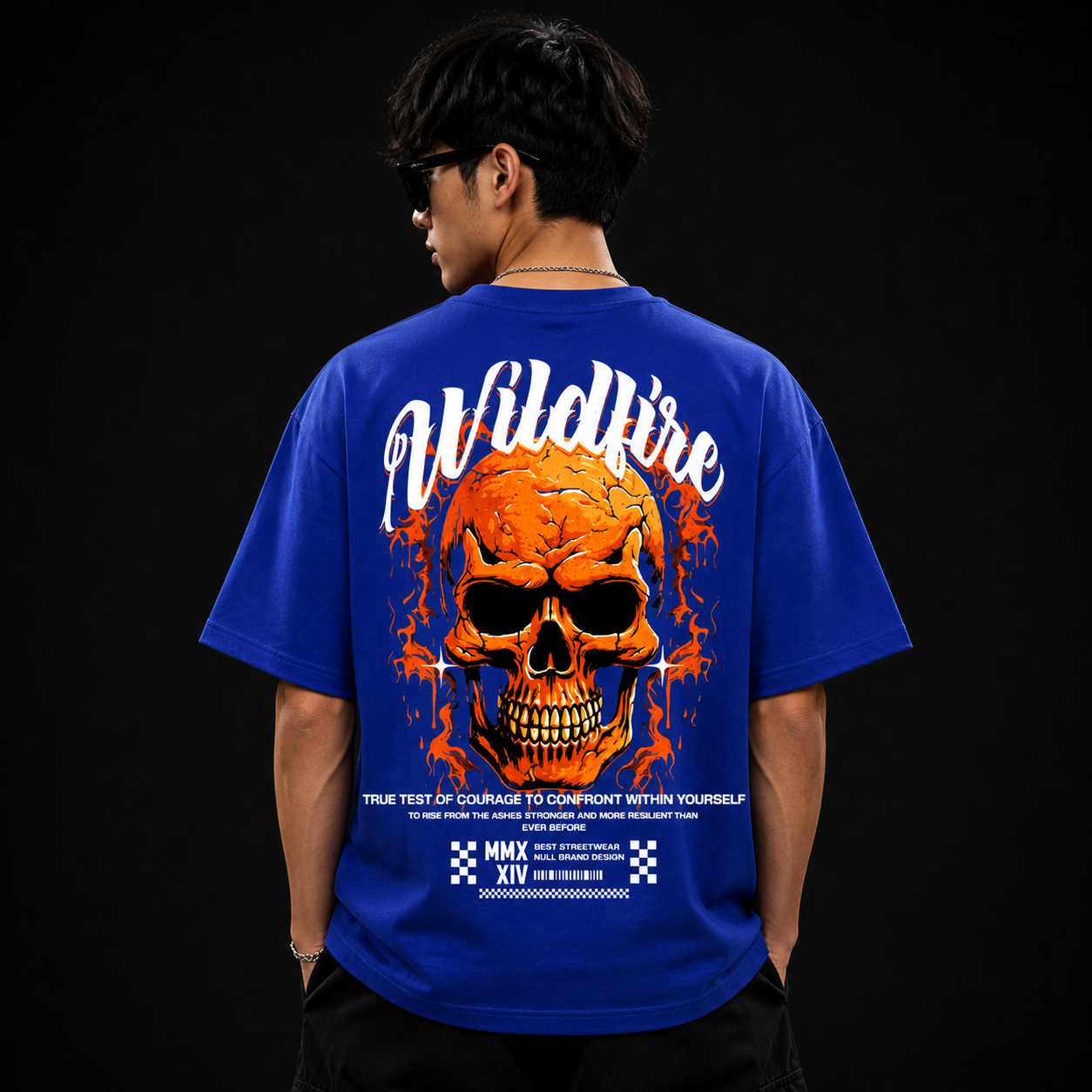 Wildfire Flame Skull Cotton Oversized Royal Blue Streetwear T-Shirt