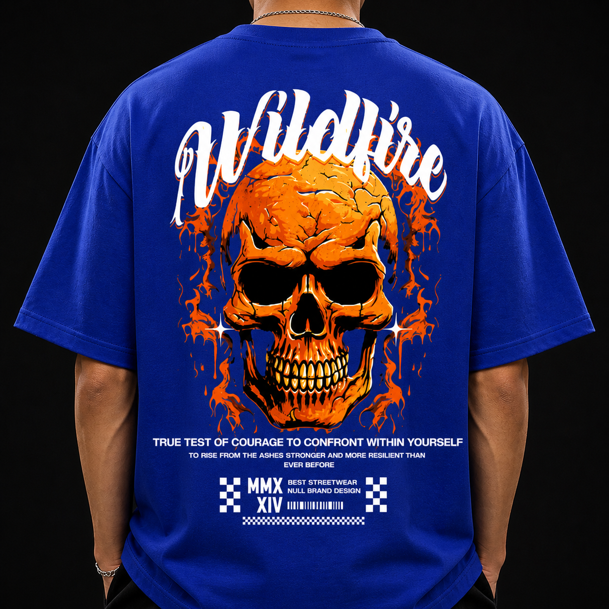 Wildfire Flame Skull Cotton Oversized Royal Blue Streetwear T-Shirt
