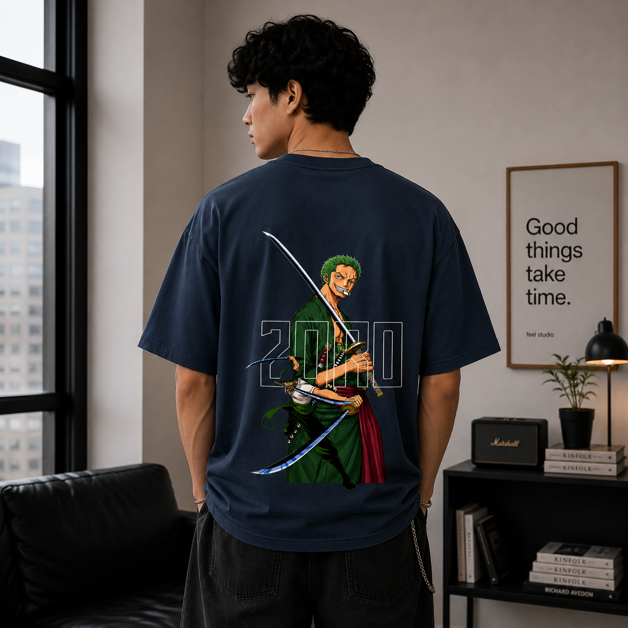Zoro Katana Oversized Navy Blue Anime Graphic T-shirt