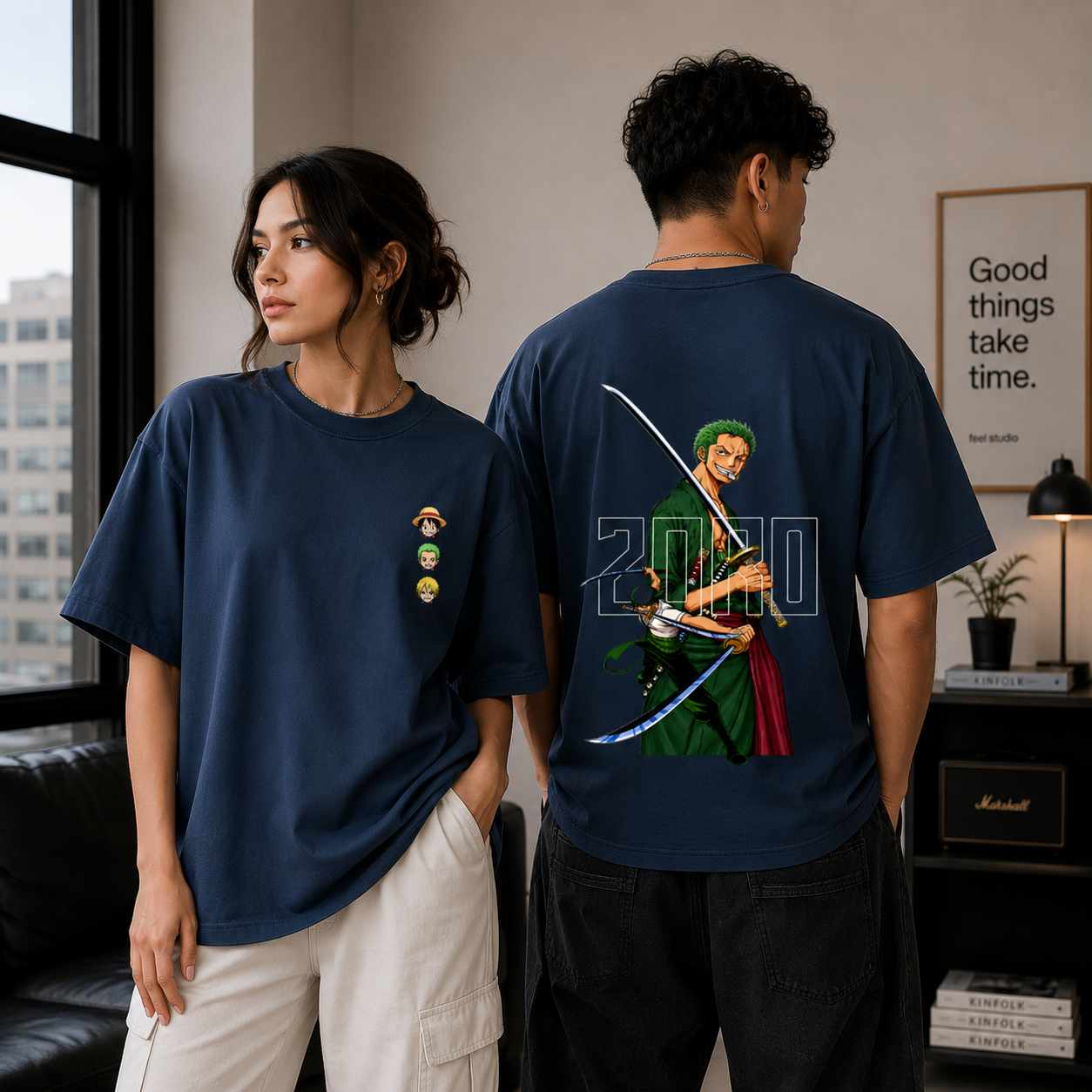 Zoro Katana Oversized Navy Blue Anime Graphic T-shirt