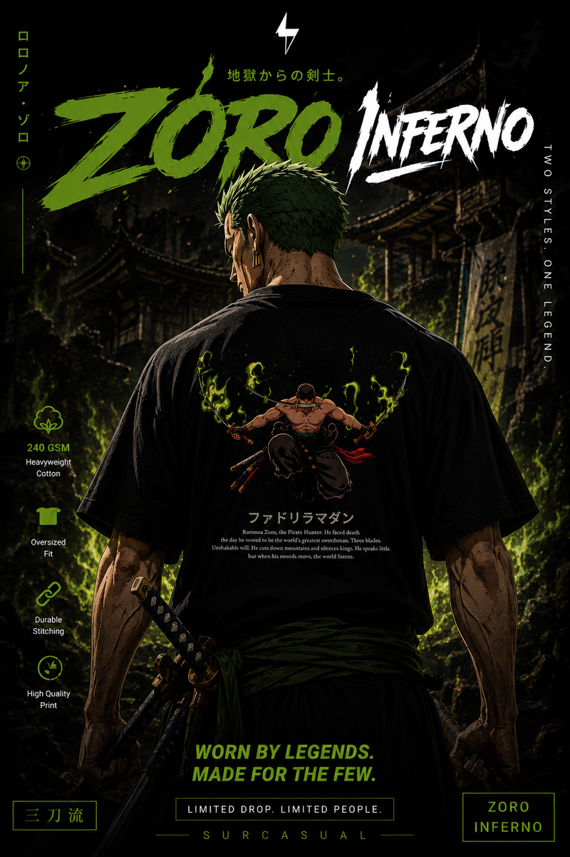 Zoro Inferno Cotton Oversized Black Anime T-shirt