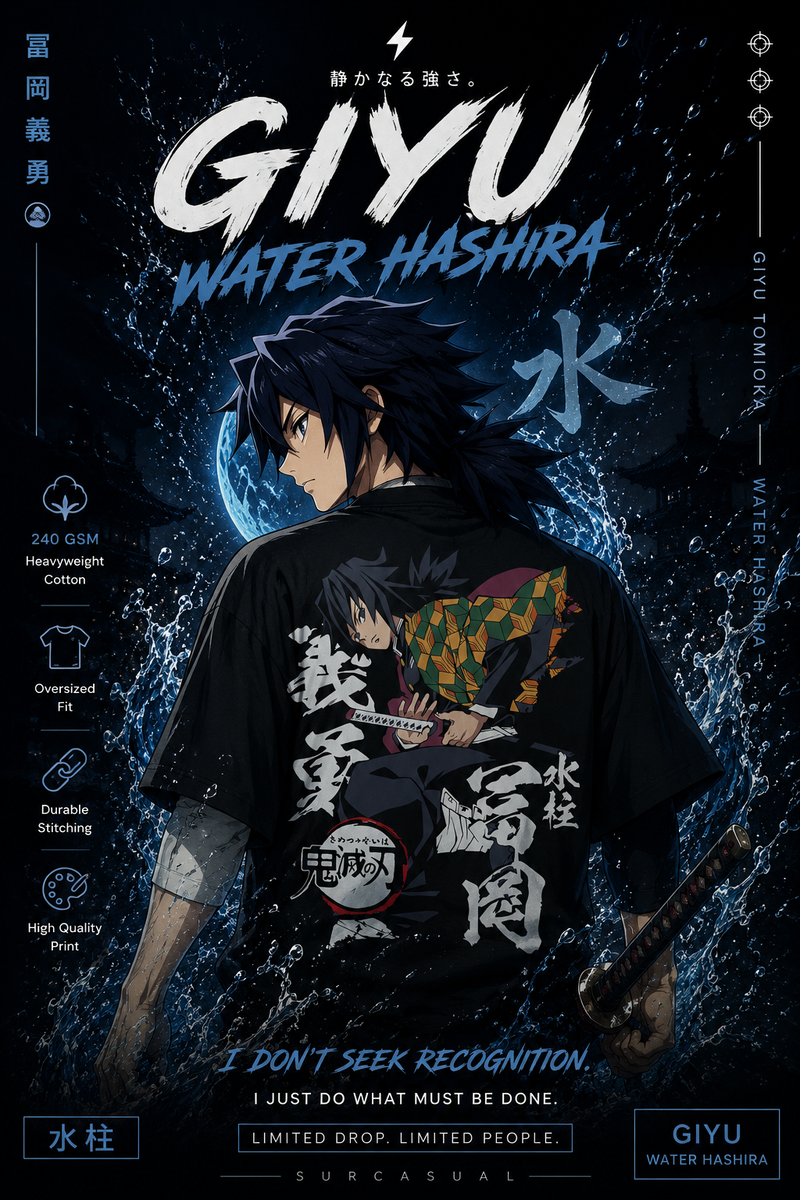Giyu Water Hashira Oversized Black Graphic T-Shirt