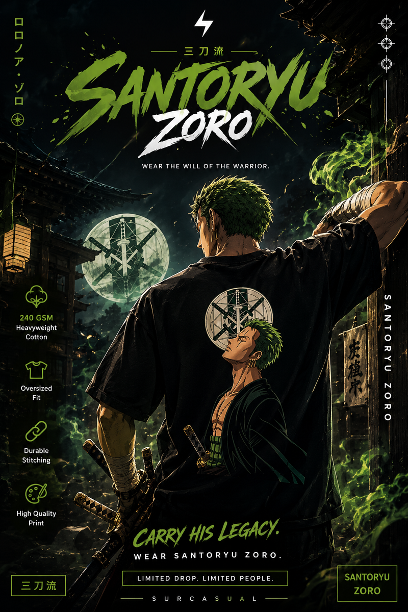 Santoryu Zoro Oversized Anime Graphic T-Shirt in Navy Blue